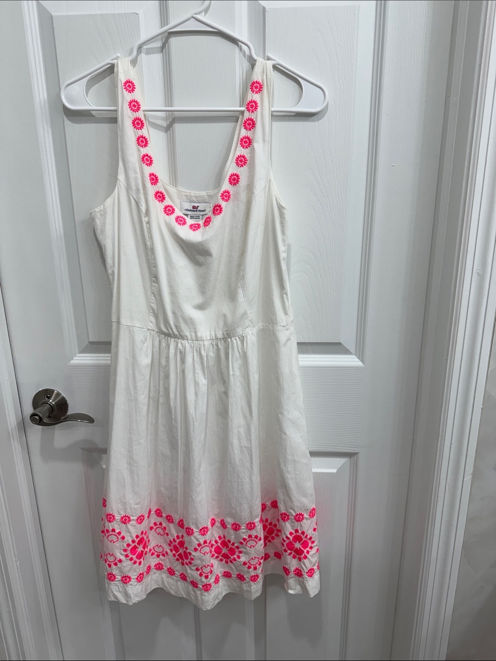 Vineyard Vines White Midi Dress with Neon Pink Floral Embroidery